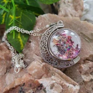 Silver Toned and Pink Colors Crescent Moon Double Sided Pendant Necklace